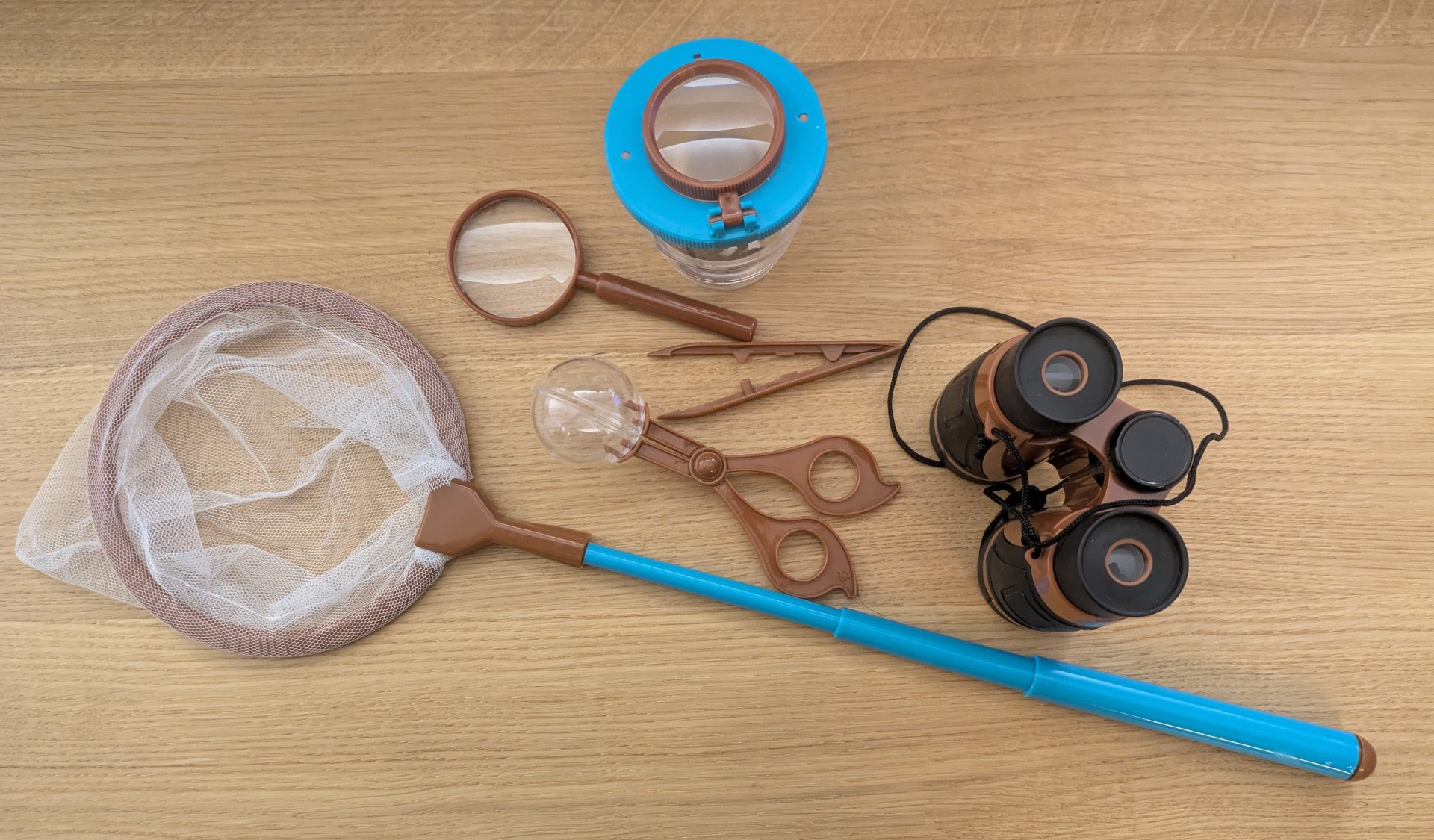 Un kit avec un pot à insectes, une loupe, un filet, une pince, des jumelles, une araignée